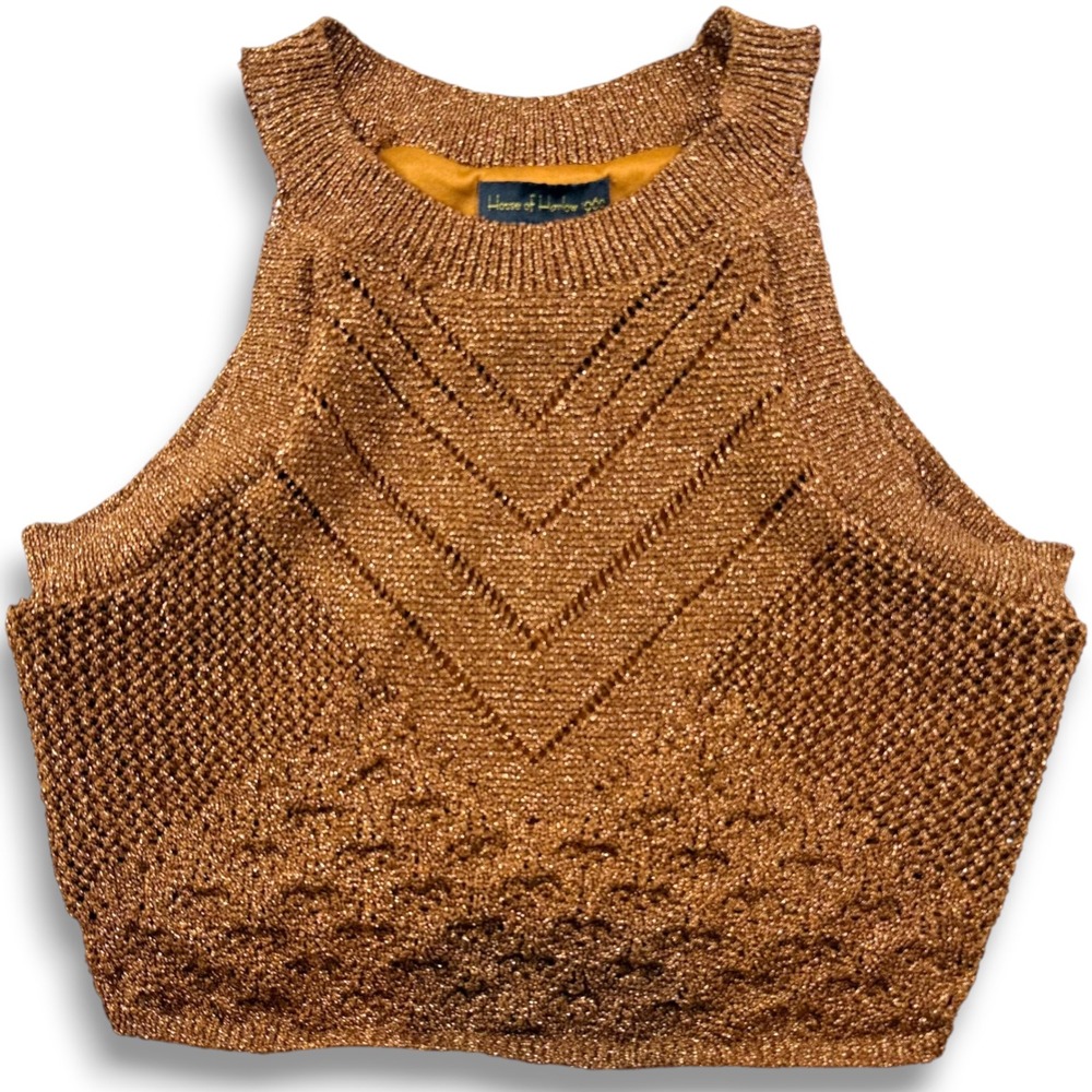House of Harlow 1960 Metallic Knit Crop Top Bronze Copper Halter Medium